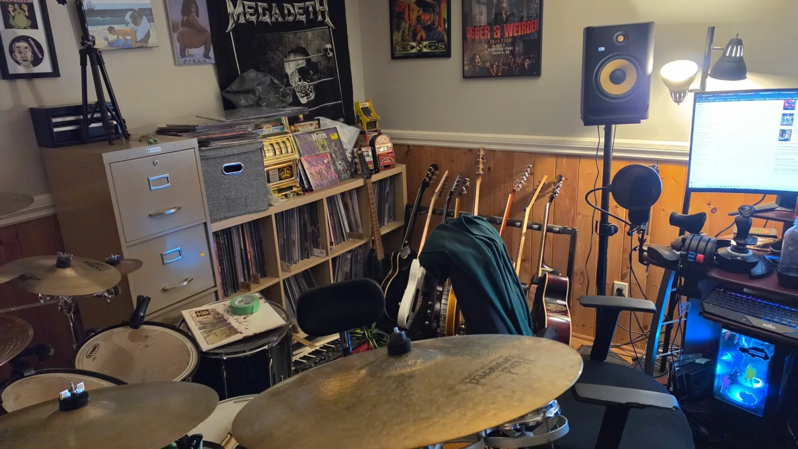 Studio workstation, guitars and drum kit