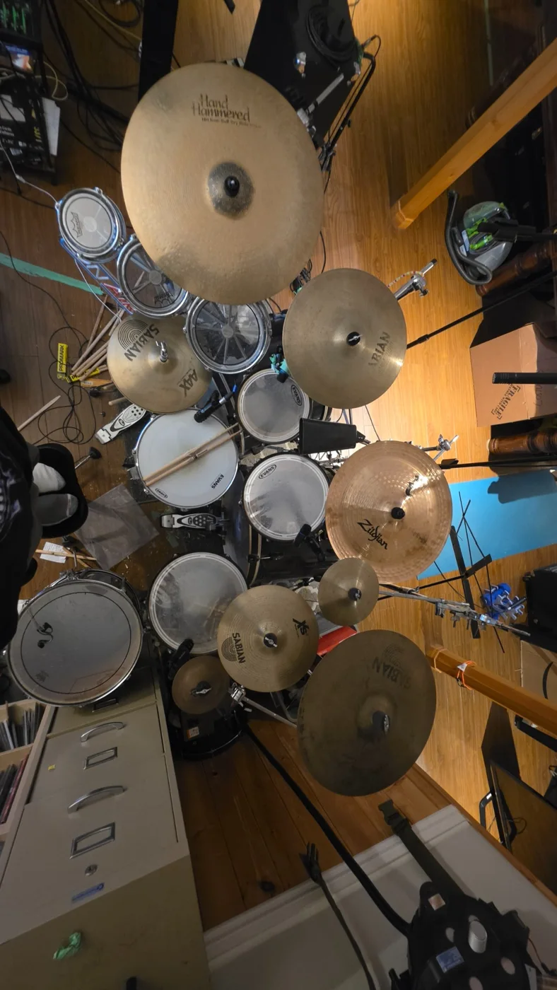 Overhead view of drum kit